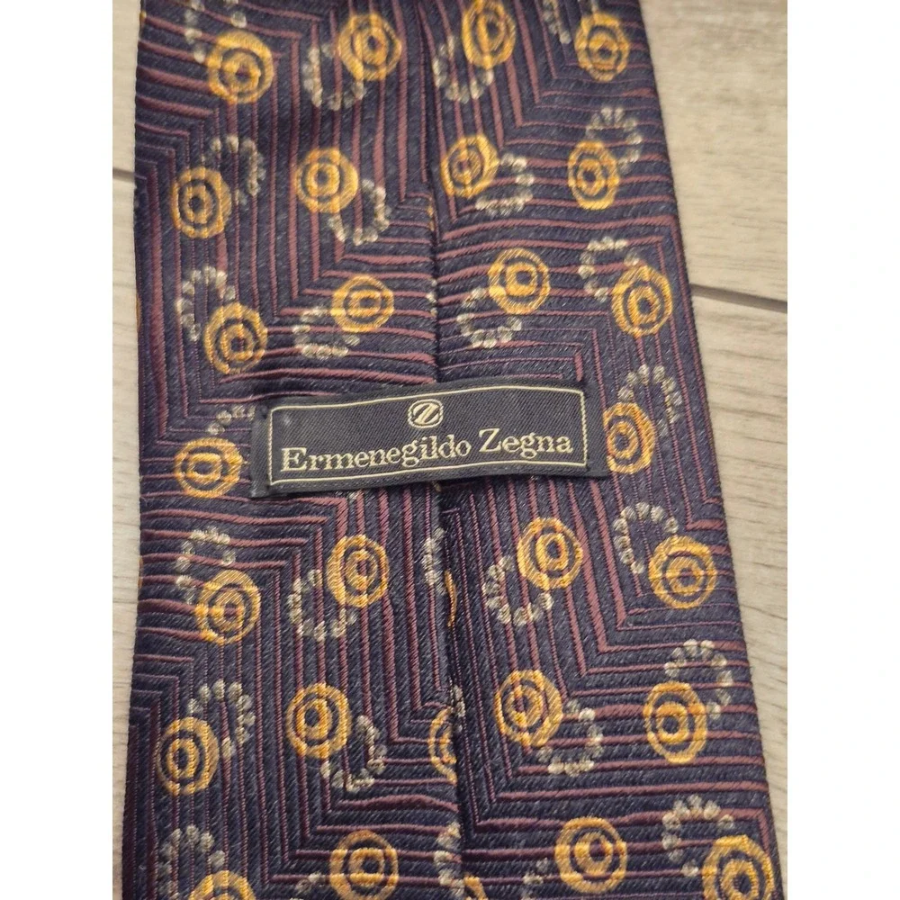 Ermenegildo Zegna Silk Wool Tie Navy Gold Geometric Medallion Made in Italy VTG